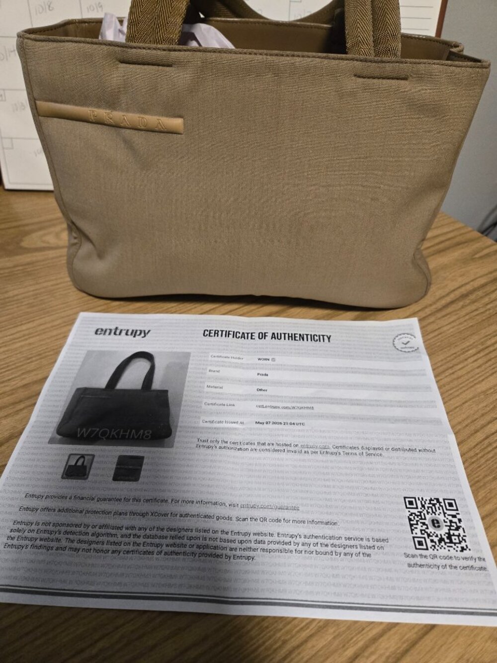 PRADA Cloth Handbag tan with certificate of authenticity